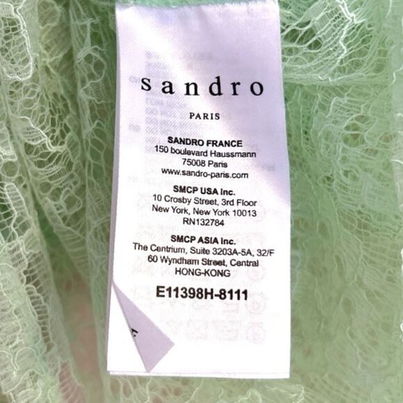 Sandro Mint Green Izzie Sheer Lace Long Sleeve Tie-Neck Blouse, Size 1 Small - Picture 7 of 15